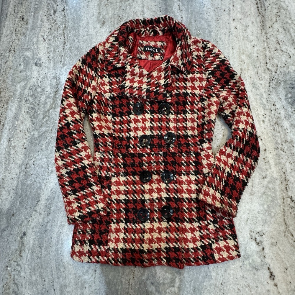 Y2K Rue 21 Wool Blend Red Plaid Peacoat Women's Sz Small Preppy City Girl 2010s